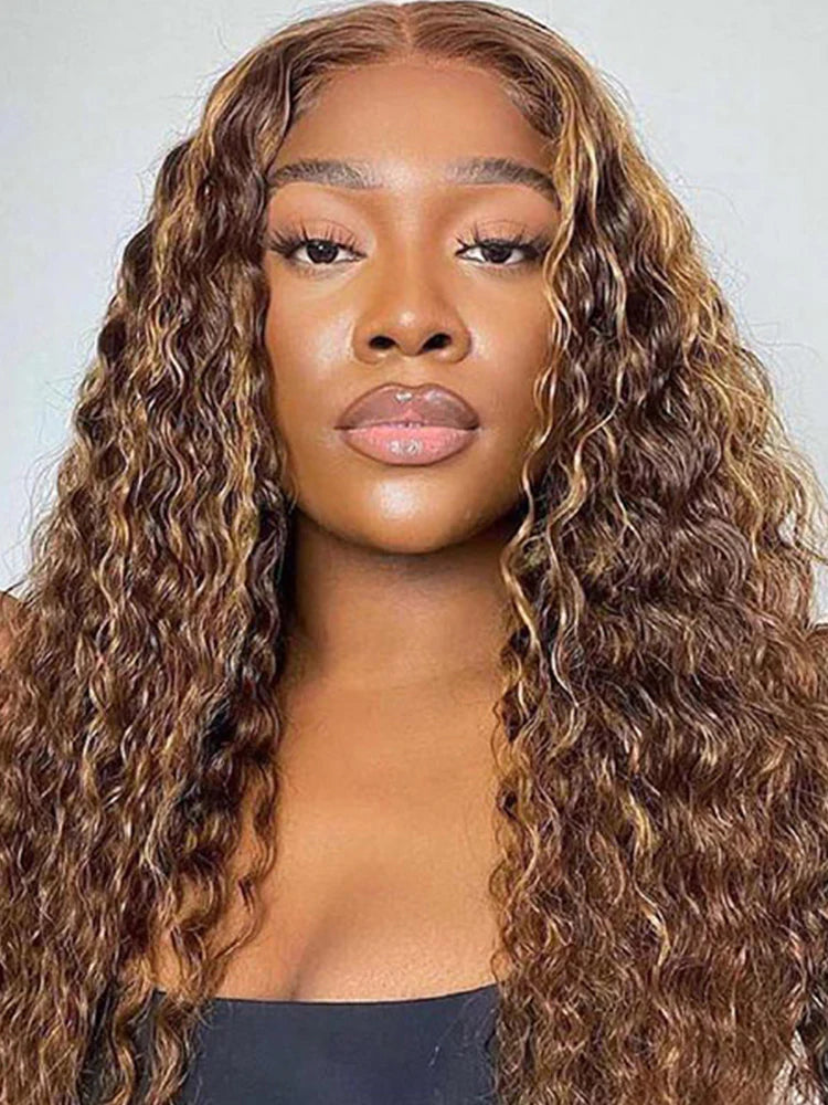 Highlights Ombre Hair Water Wave Human Hair Wigs Transparent Lace Wigs Pre Plucked