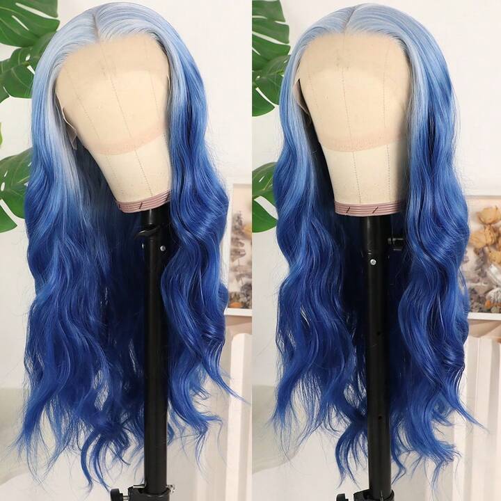 13x4 Free Part HD Lace Front Wig Ombre Purple Color Long Body Wave Synthetic Hair 180% Density Pre-Plucked Glueless Purple Ombre Colored Long Wavy Hair 26 Inch Free Part Soft Natural Look For Women Versatile Styling Options
