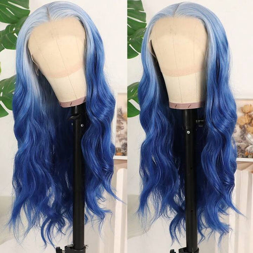 13x4 Free Part HD Lace Front Wig Ombre Purple Color Long Body Wave Synthetic Hair 180% Density Pre-Plucked Glueless Purple Ombre Colored Long Wavy Hair 26 Inch Free Part Soft Natural Look For Women Versatile Styling Options