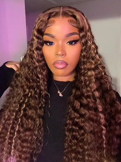 Highlights Ombre Hair Water Wave Human Hair Wigs Transparent Lace Wigs Pre Plucked
