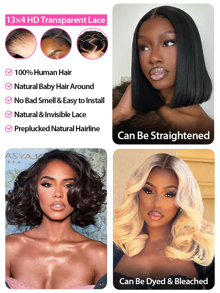 Short Cut Body Wave Hair 13x4 Lace Front Bob Wigs Pre Plucked For Women